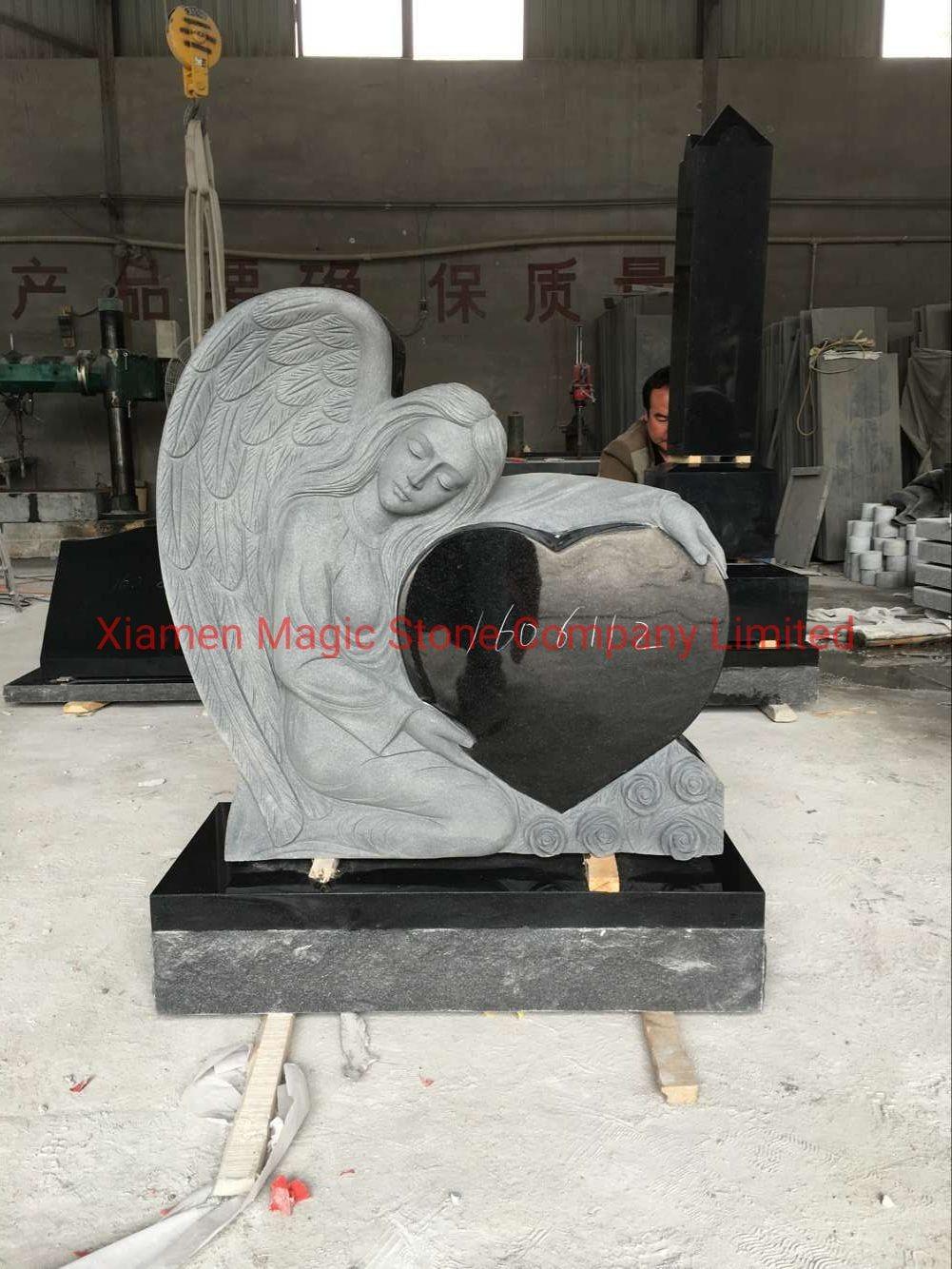 Absolute Black Granite Stone Tombstone Heart Shape Cemetery Angel Headstone Memorial