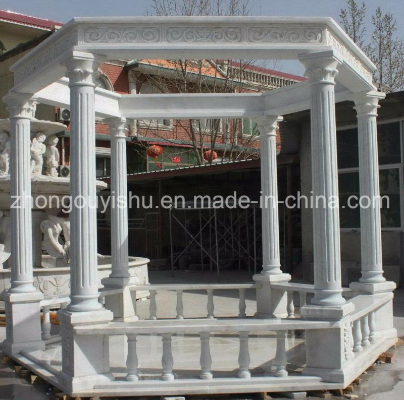 White Garden Decoration Marble Gazebo with Columns and Balustrade