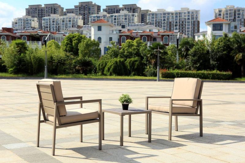 Outdoor Hot Sale Wholesales Modern Style Steel Frame Furniture PE Plastic Wooden Grain Coffee Color Patio Sofa Set in Garden Coffee Table and Chair in Talk
