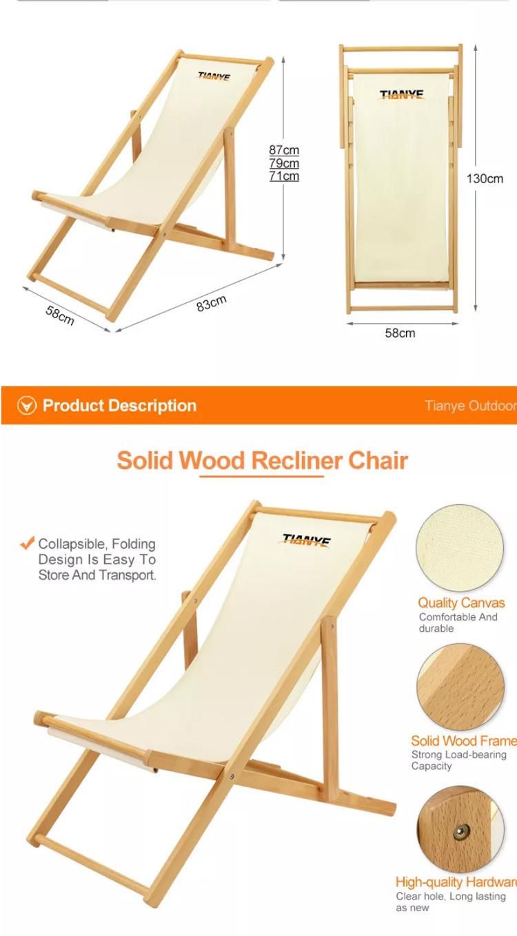 Wholesale Outdoor Furniture Garden Folding Canvas Deck Chair Lounge Solid Wood Beach Chair for Camping