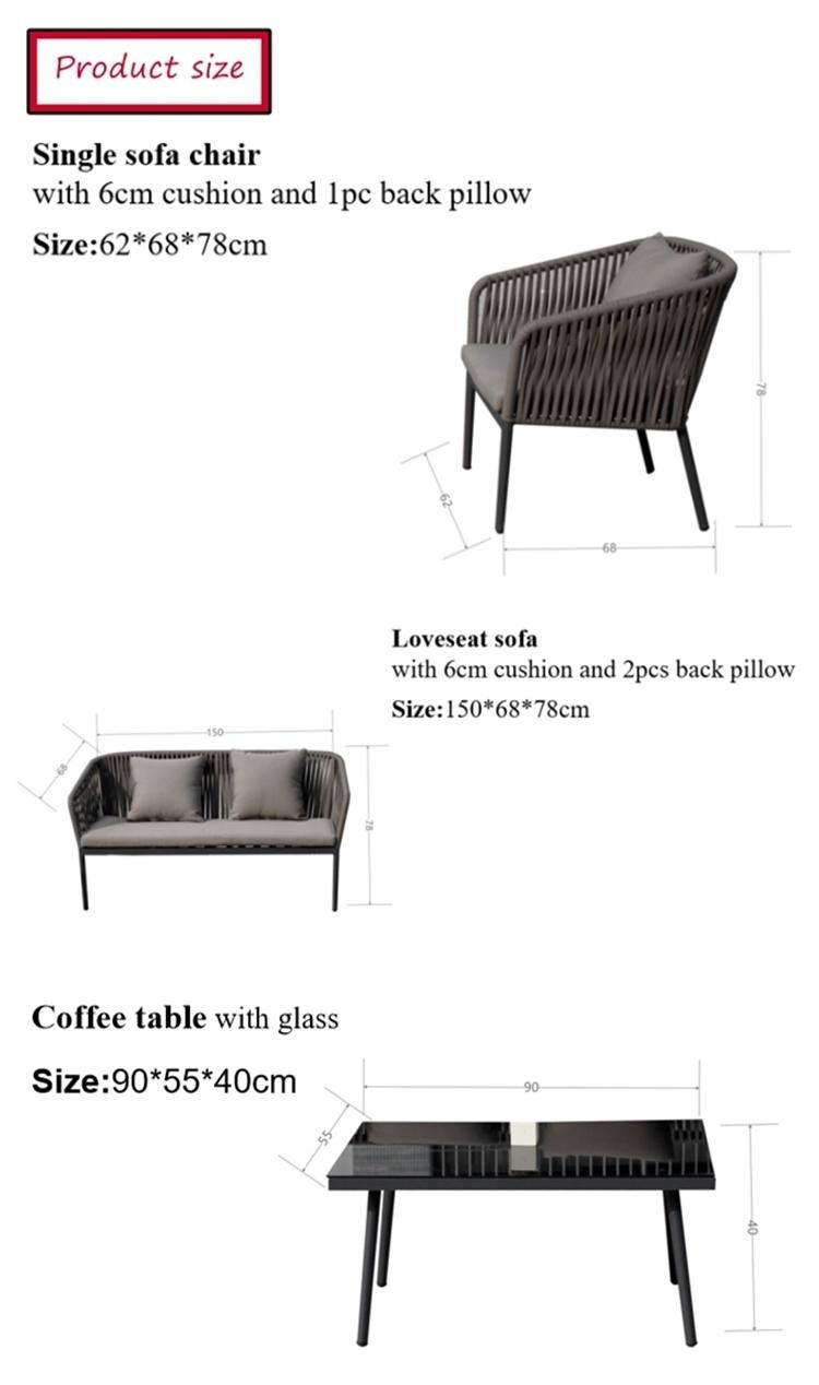 High End Handmade Garden Furniture Aluminum Frame Rope Chair Coffee Table Outdoor Sofa Set