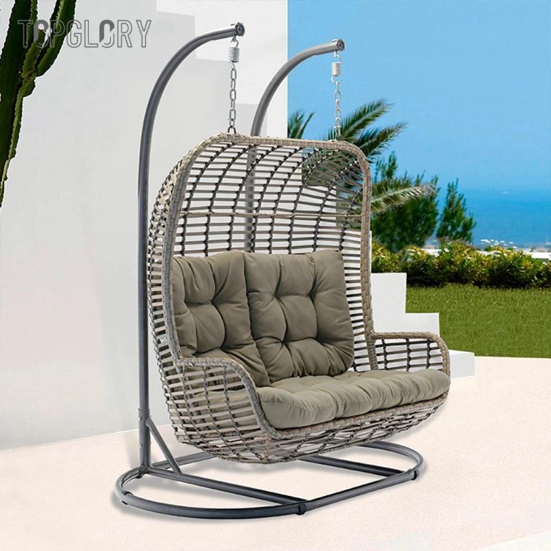 Double Wicker Patio Hammock Outdoor PE Rattan Garden Hanging Swing Chair