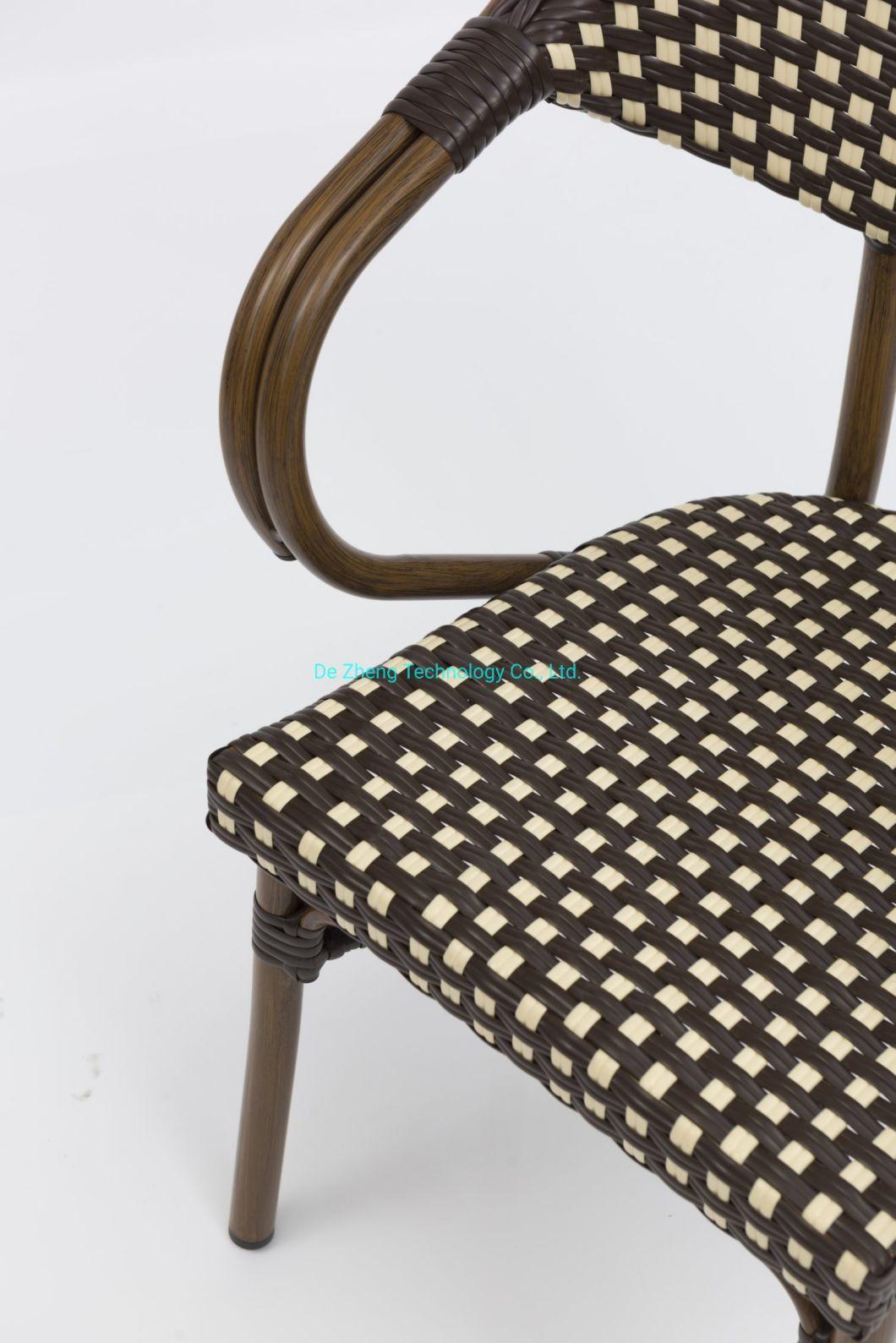 Wholesale Commercial Aluminum Frame Plastic Rattan Wicker Stackable Chair Bistro Hotel Patio Cafe Armrest Cane Chairs