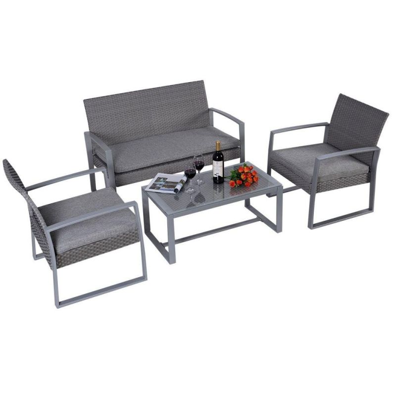 4PCS Patio Furniture Set Cushioned Outdoor Wicker Rattan Garden Lawn Sofa Seat (Dark Gray)