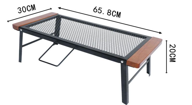 Outdoor Anti-Scalding Wooden Handle Camping Barbecue Iron Table Convenient Folding Net Camping Table