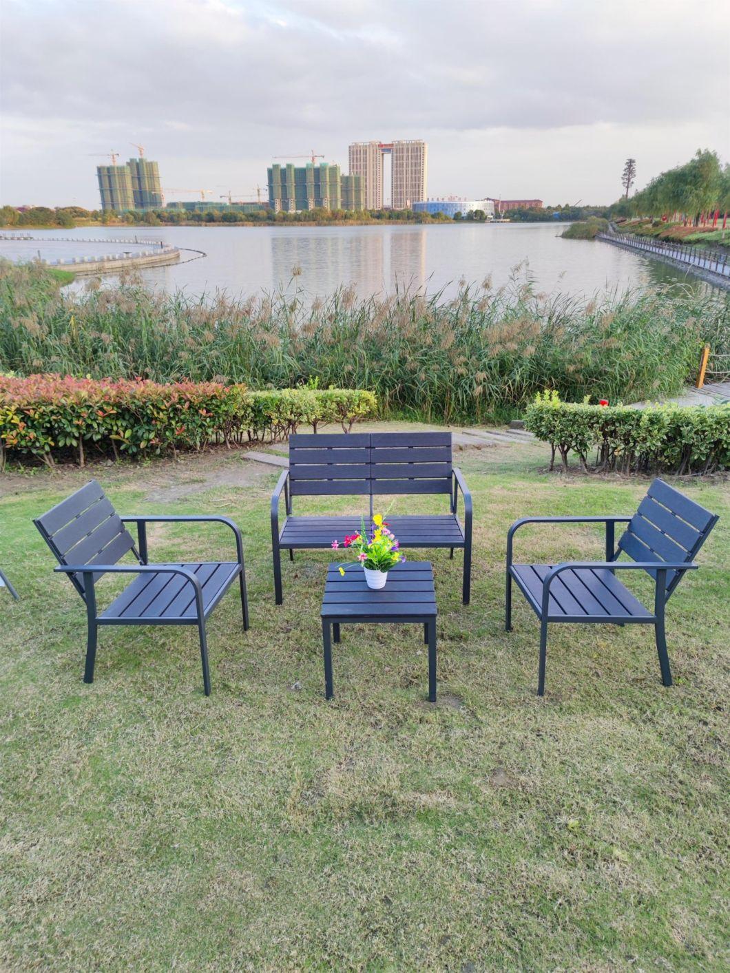 Outdoor Hot Sale Wholesales Modern Style Steel Frame Furniture PE Plastic Wooden Grain Coffee Color Patio Sofa Set in Garden Coffee Table and Chair in Talk