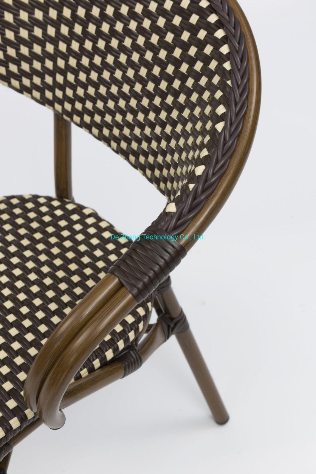 Wholesale Commercial Aluminum Frame Plastic Rattan Wicker Stackable Chair Bistro Hotel Patio Cafe Armrest Cane Chairs