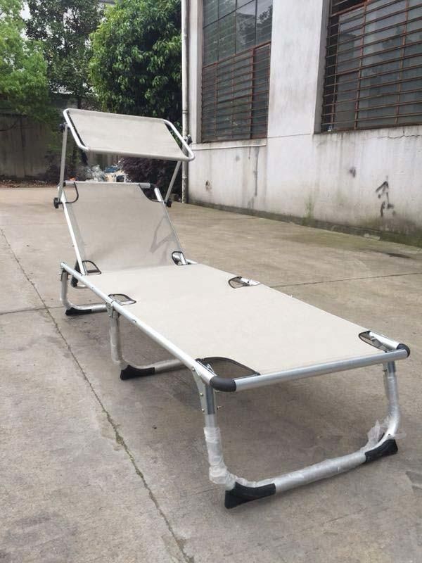 Blue Textline Fabric Aluminum Outdoor Chaise Lounge, Folding Sun Lounger with Shadow Cover