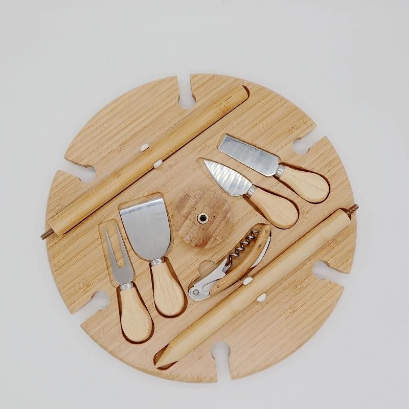 Bamboo Wood Outdoor Wine Table Picnic Table Beach Table with Knife Set for Camping Snacks and Fruits