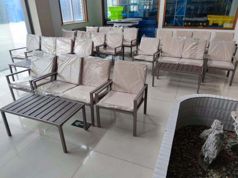 Factory Leisure Hottest Sales European Style Garden Sofa Sets Modern Set in Patio for Hotel Steel Frame PE Table Chair Top in Wood Grain Patio Sofa Set in Villa