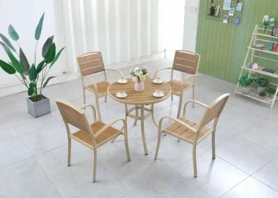 Outdoor Plastic Wood Top Patio Chair with Aluminum Frame Luxury Champagne Color Bistro Chair with Table Set