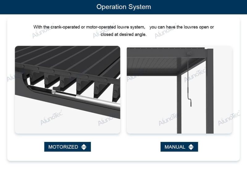 AlunoTec Easily Assembled Rainproof Louvered Roof Balcony Awning Gazebo Canopy Aluminuim Motorized Pergola