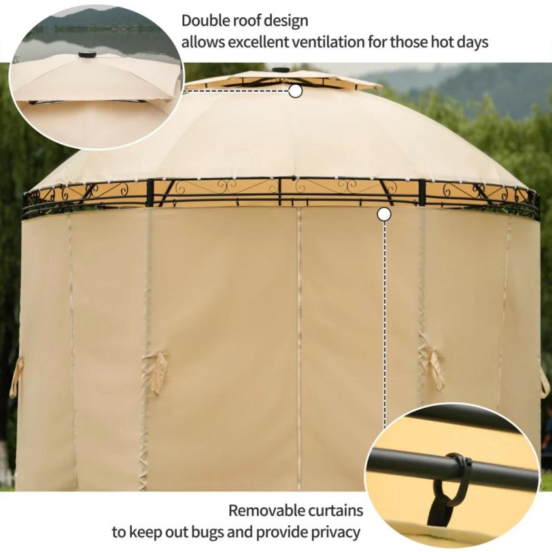 Solar LED Round Gazebo Tent 11*11FT Outdoor Patio Steel Frame