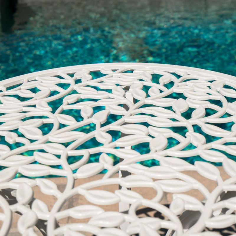 White Cast 3 Piece Bistro Outdoor Patio Set Leaf Design Weather Resistant Round Table 2 Chairs Garden Furniture