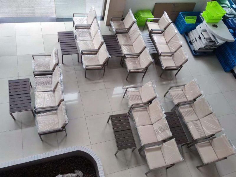 Modern Hot Sale Outdoor PE Garden Wood Sun Room Garden Furniture Combination Patio Home Furniture Balcony Rope Leisure Coffee Set Cafe Hotel Dining Set High Lev