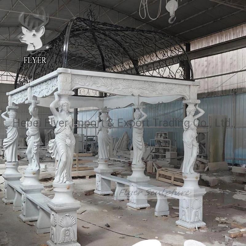 Natural Marble Stone Column Gazebo with Lady Sculptures with Iron Dome for Garden Decoration