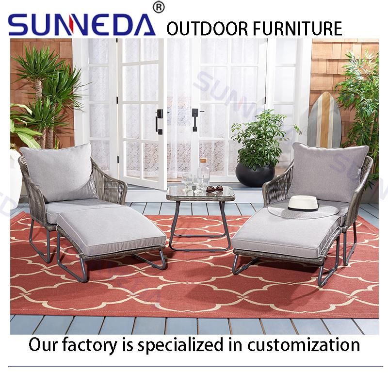Outdoor Garden Patio Woven Rattan Webbing Armrest Chair with Ottoman