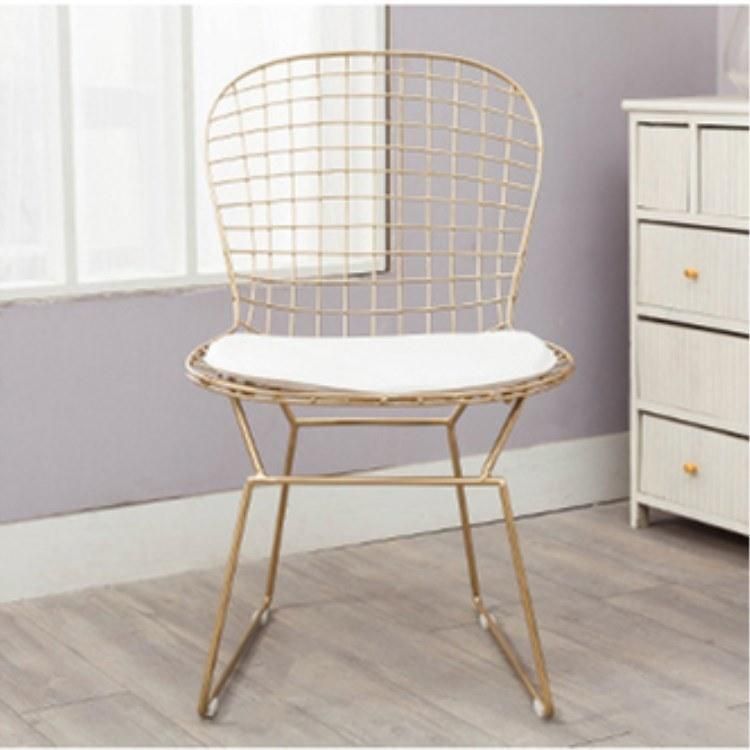 Outdoor Rose Gold Wire Stacking Metal Cafe Garden Chair with Seat Pad Indoor Living Room Relaxing Leisure Chair