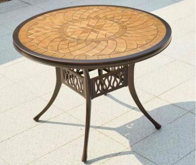 Round Shape Wooden Carved Top Patio Table Die Cast Aluminum Frame Garden Table with Anti-Slip Padding