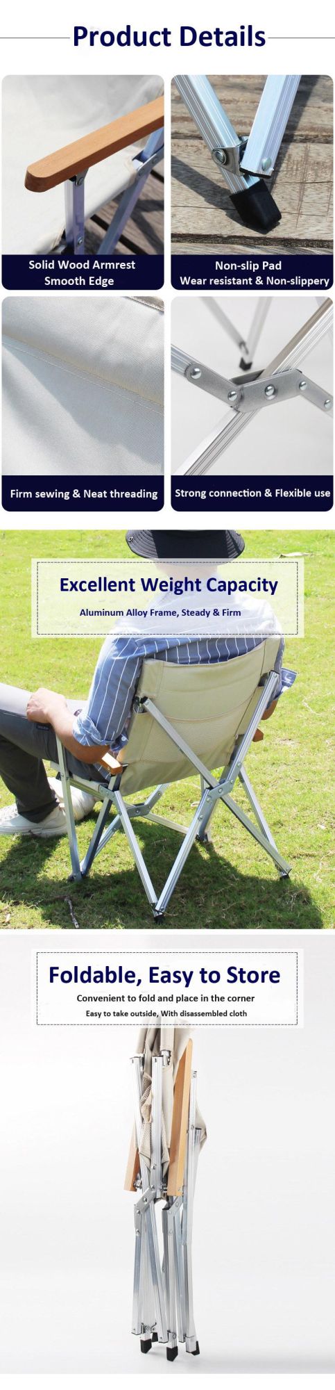 Outdoor Portable Aluminum Frame with Solid Wood Armrest Lightweight Folding Camping Low Chair