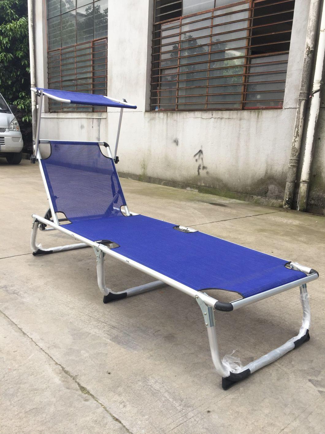Blue Textline Fabric Aluminum Outdoor Chaise Lounge, Folding Sun Lounger with Shadow Cover
