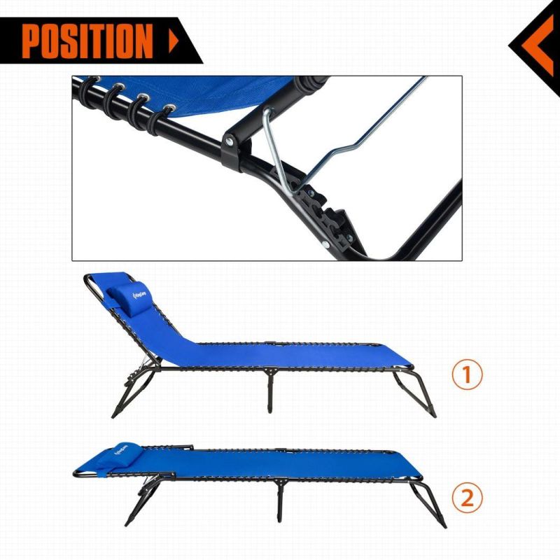 Camp Patio Lounge Chair Chaise Bed 3 Adjustable Reclining Positions Steel Frame 600d Oxford Folding Camping Cot with Removable Pillow for Camping Pool Beach