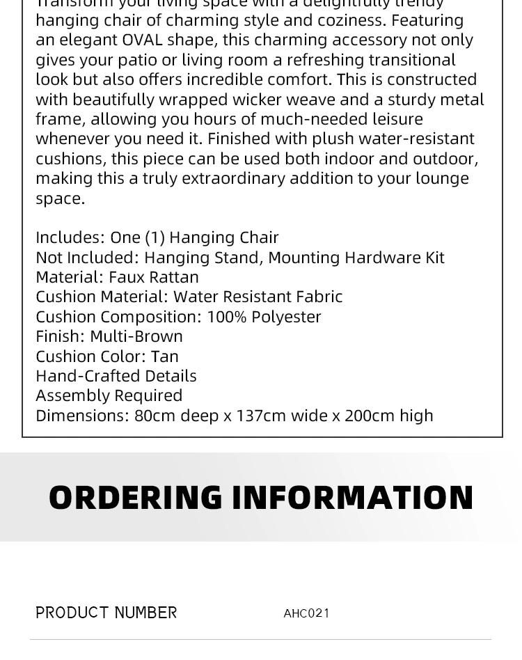 Costly Egg Shaped Indoor Outdoor PE Rattan Swing Chair for Garden Patio Home Hanging Chair