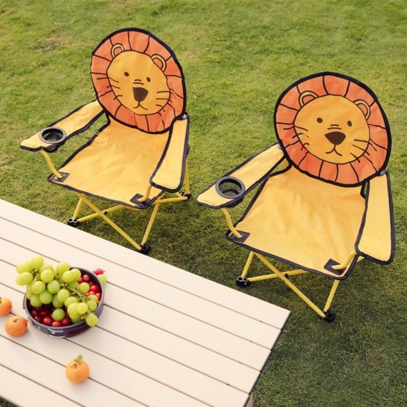 Children Camping Chairs Cartoon Folding Chair Lion Puppy Design Armchair with Cup Holder Folding Seat with Armrest and High Back Wyz19653