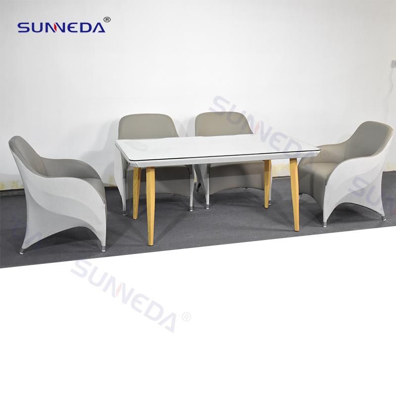 Outdoor Hotel Garden Terrace Leather Teak Aluminum Frame Sofa Chair Set with Table