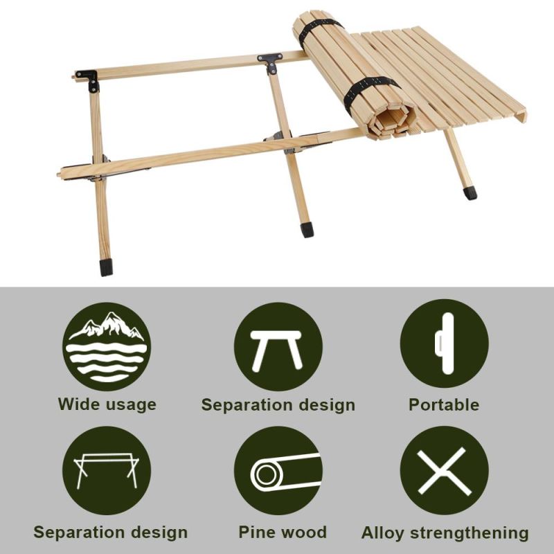 Custom Beach Picnic Wooden Portable Folding Camping Egg Wood Roll Outdoor Folding Table