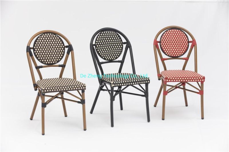 Hot Saling French Bistro Rattan Wicker Chairs Balcony Cafe Aluminum Bamboo Look Hotel Handmade Stacking Armless Dining Chairs