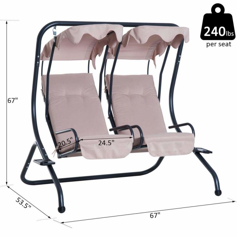 Waterproof 2 Seat Modern Outdoor Swing Chairs with Handrails and Removable Canopy - Beige