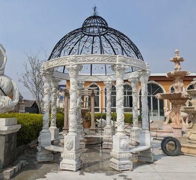 White Marble Round Gazebo Pavilion with Leaf Relief Columns and Cover