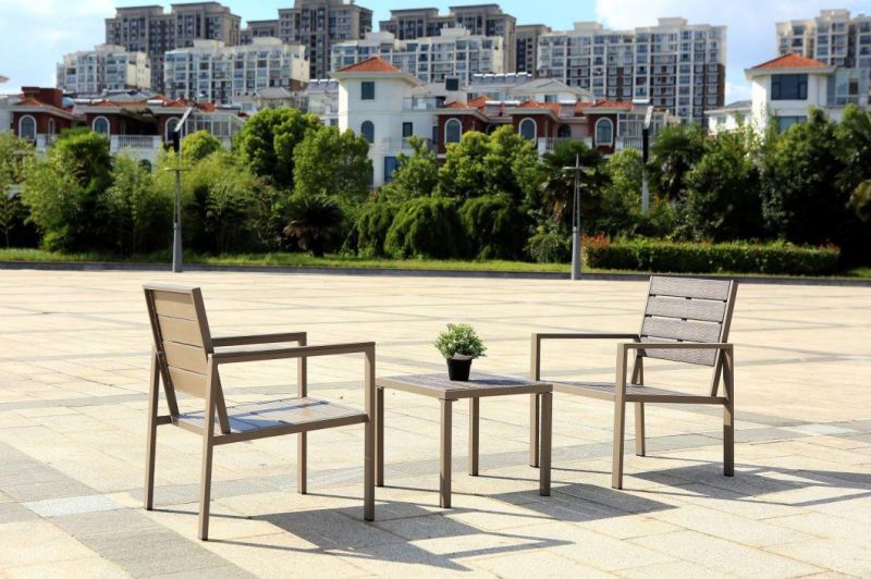 Outdoor Hot Sale Wholesales Modern Style Steel Frame Furniture PE Plastic Wooden Grain Coffee Color Patio Sofa Set in Garden Coffee Table and Chair in Talk