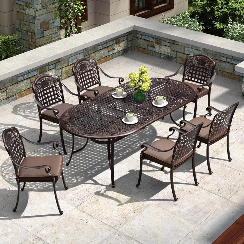 6 Seats Black Garden Dining Table Set Cast Aluminum Outdoor Furniture Metal Patio Furniture