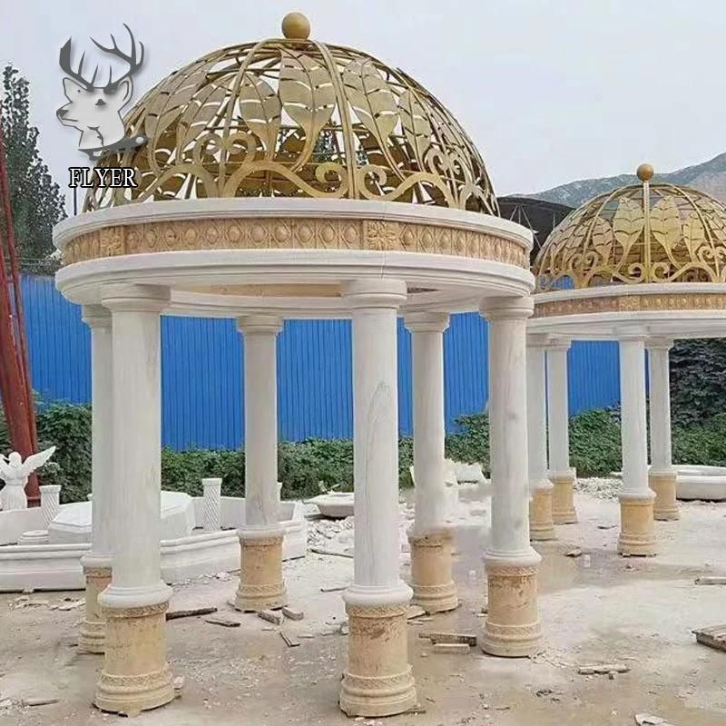 Natural Marble Stone Column Gazebo with Lady Sculptures with Iron Dome for Garden Decoration