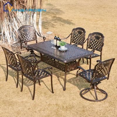 6 Seaters Cast Aluminum Fire Pit Patio Dining Set BBQ for Garden
