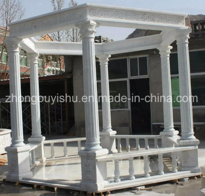 White Garden Decoration Marble Gazebo with Columns and Balustrade