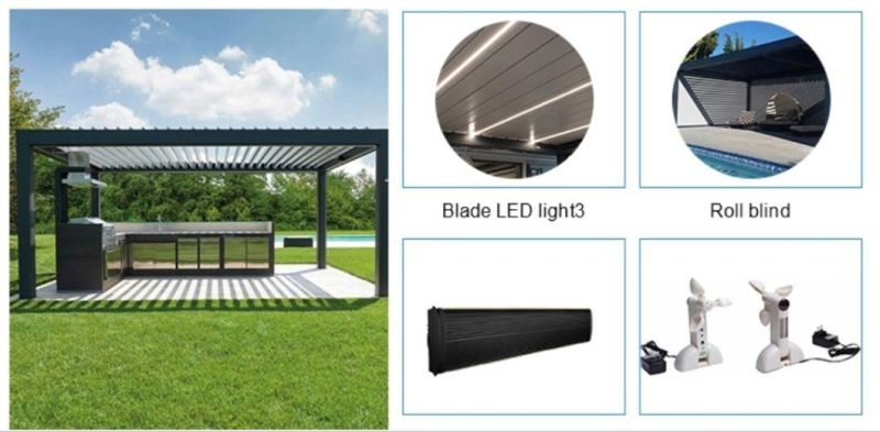 Emg Customized Waterproof Balcony Roof Gazebo Garden Pavilion/Electric Aluminum Louvered Gazebo with LED Large and Roller Blinds, Wind Sensor, Remote Control