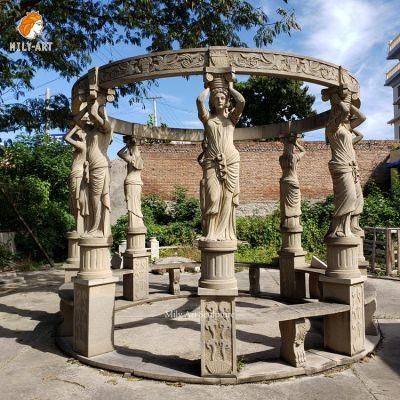 Large Outdoor Round Beige Marble Garden Pavilion Stone Statue Gazebo