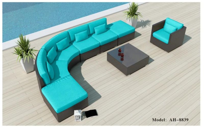 Outdoor Sectional Furniture Half-Moon Patio Curved Sofa Set Brown Rattan Wicker Beige Cushions W/Round Coffee Table & Side Table