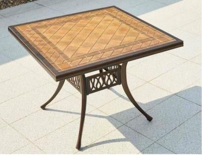 Die Cast Aluminum Frame Table Wooden Carved Top Square Dining Table Waterproof Outdoor Table for Garden