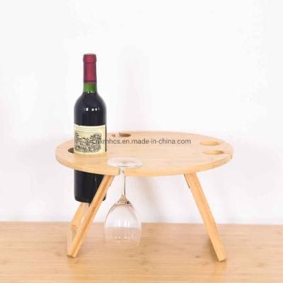 Round Wine Picnic Table with Bottle &amp; Glass Holder Portable Bamboo Picnic Table Small Outdoor Folding Table Wooden Small Wine Table