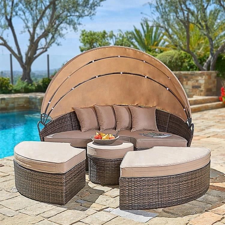 Round Sunbed Rattan Garden Canopy Daybed with Waterproof Seat Cushion for Outdoor Use