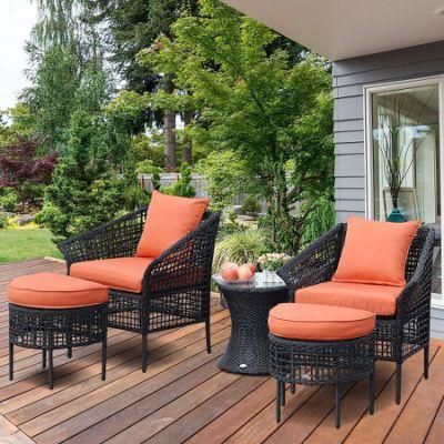 5PCS Patio Rattan Sofa Ottoman Furniture Set Outdoor Garden Lawn Wicker Rattan Conversation Sofa Set W/Cushions (Orange)