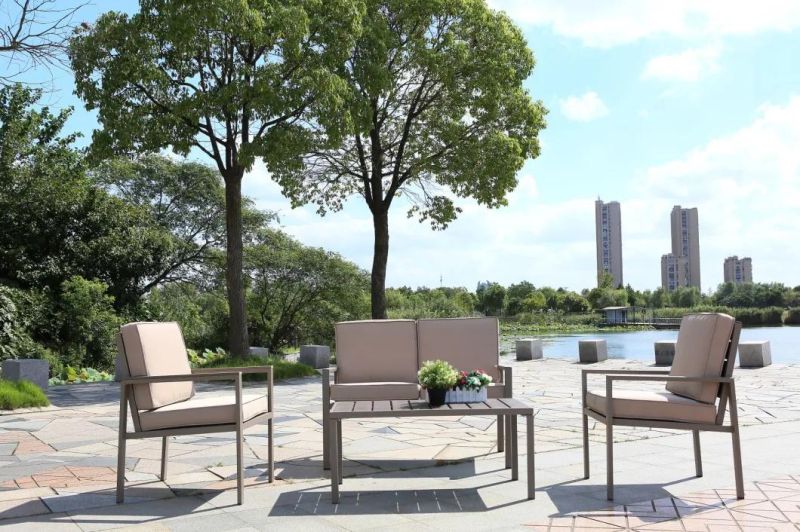modern Outdoor Steel Restaurant Dining Table Sets and Chairs Steel Rope in Cuppchino Patio Sofa Sets for Patio Garden Furniture in Hotel and Canteen Virgin Use