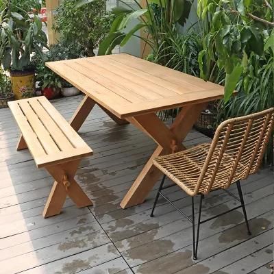 Rattan +Teak Simple OEM Foshan Outdoor Wood Table Dining Set