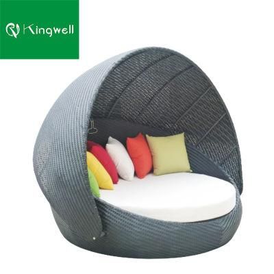Outdoor Grey Wicker Furniture Round Rattan Garden Daybed with Canopy