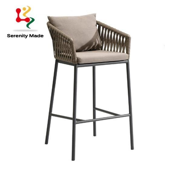 Customize Furniture Restaurant Aluminium Frame Woven Rope Fabric Upholstery High Counter Chair Bar Stool