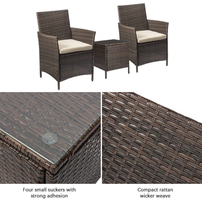 Patio Porch Furniture Sets 3 Pieces PE Rattan Wicker Chairs Beige Cushion with Table Outdoor Garden Furniture Sets (Brown)